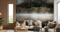 Ethereal Waters Edge Woodland wallpaper for walls: foggy morning, mirror image.