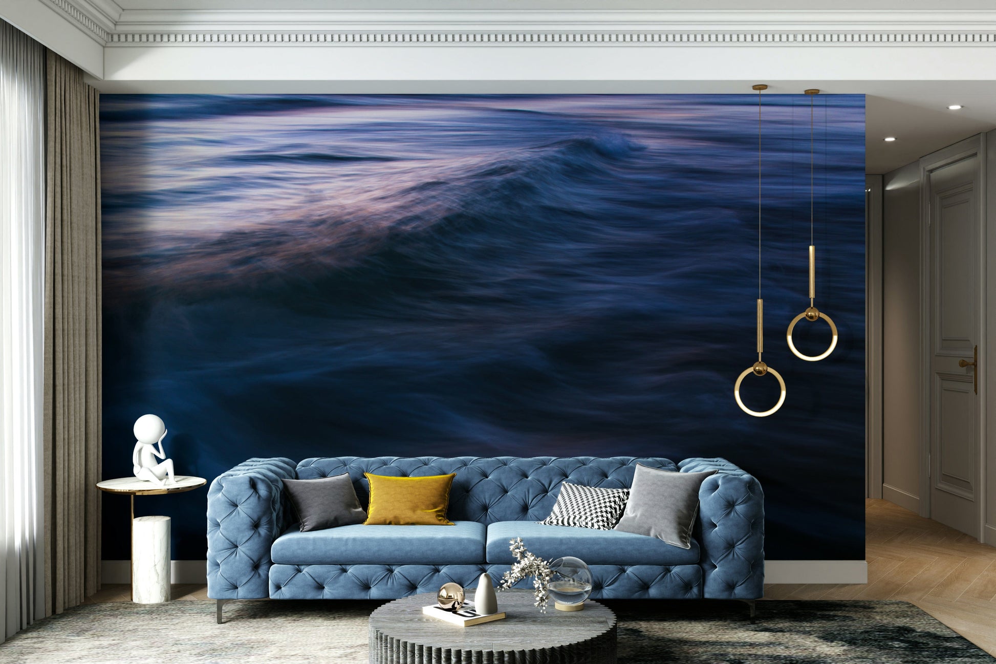 A beautiful abstract ocean wall mural for a living room.

