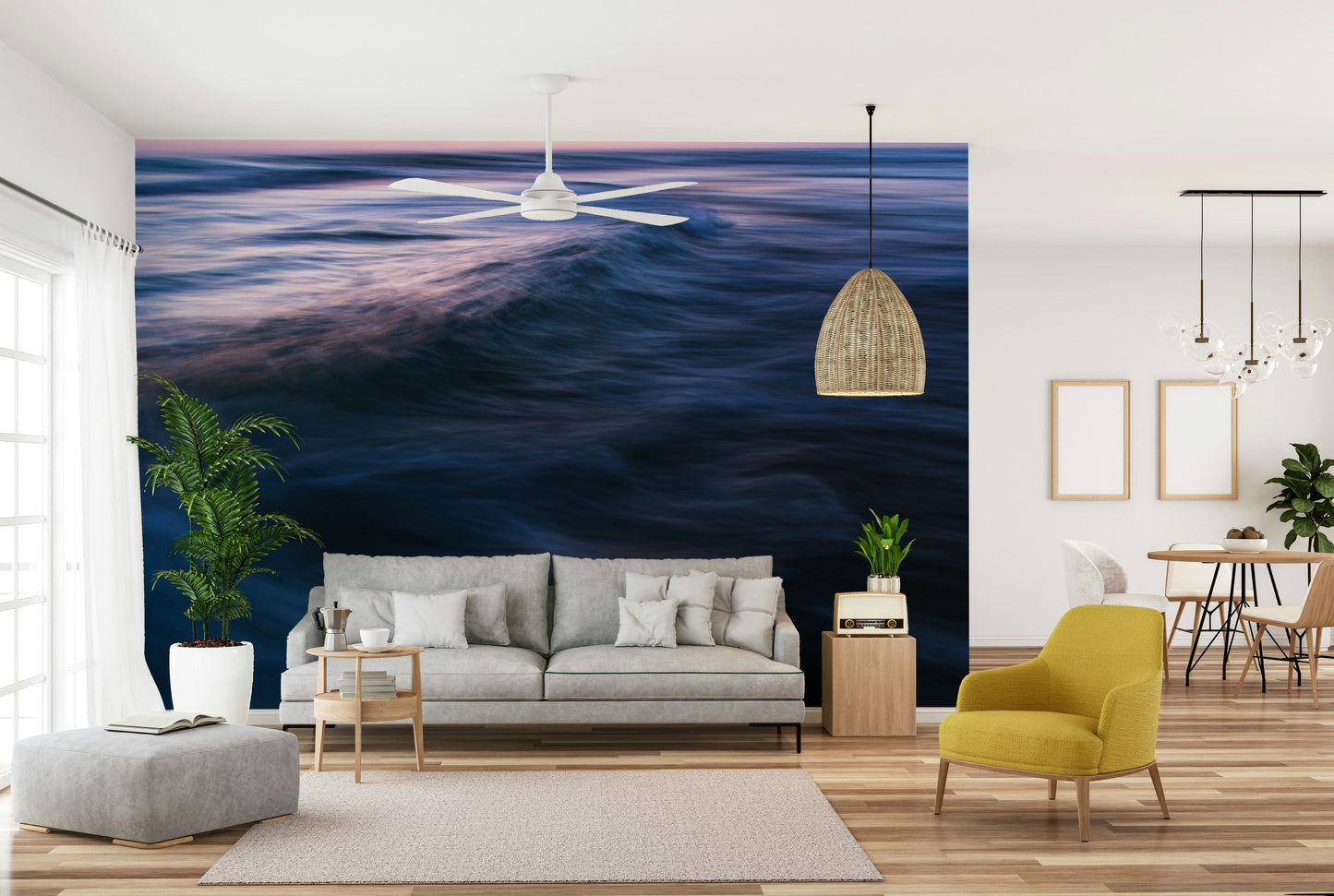 An artistic coastal scene mural on minimalist wallpaper.

