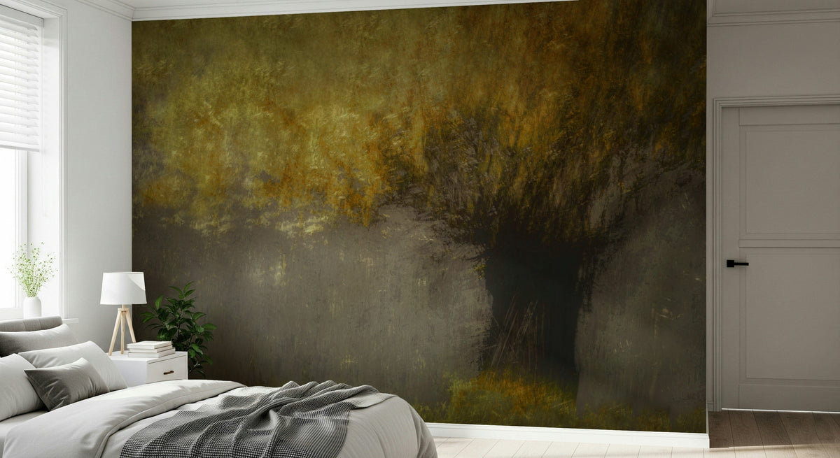 Ethereal Woods wallpaper mural of a moody golden forest and dark tree behind a grey bed and white nightstand in a bedroom