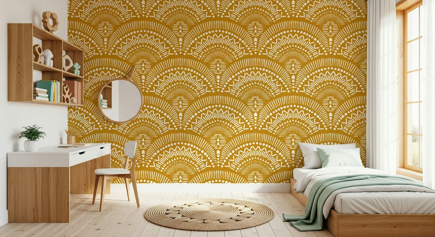 Ethnic Echoes wallpaper in mustard and white behind a single bed and white desk in a kids room