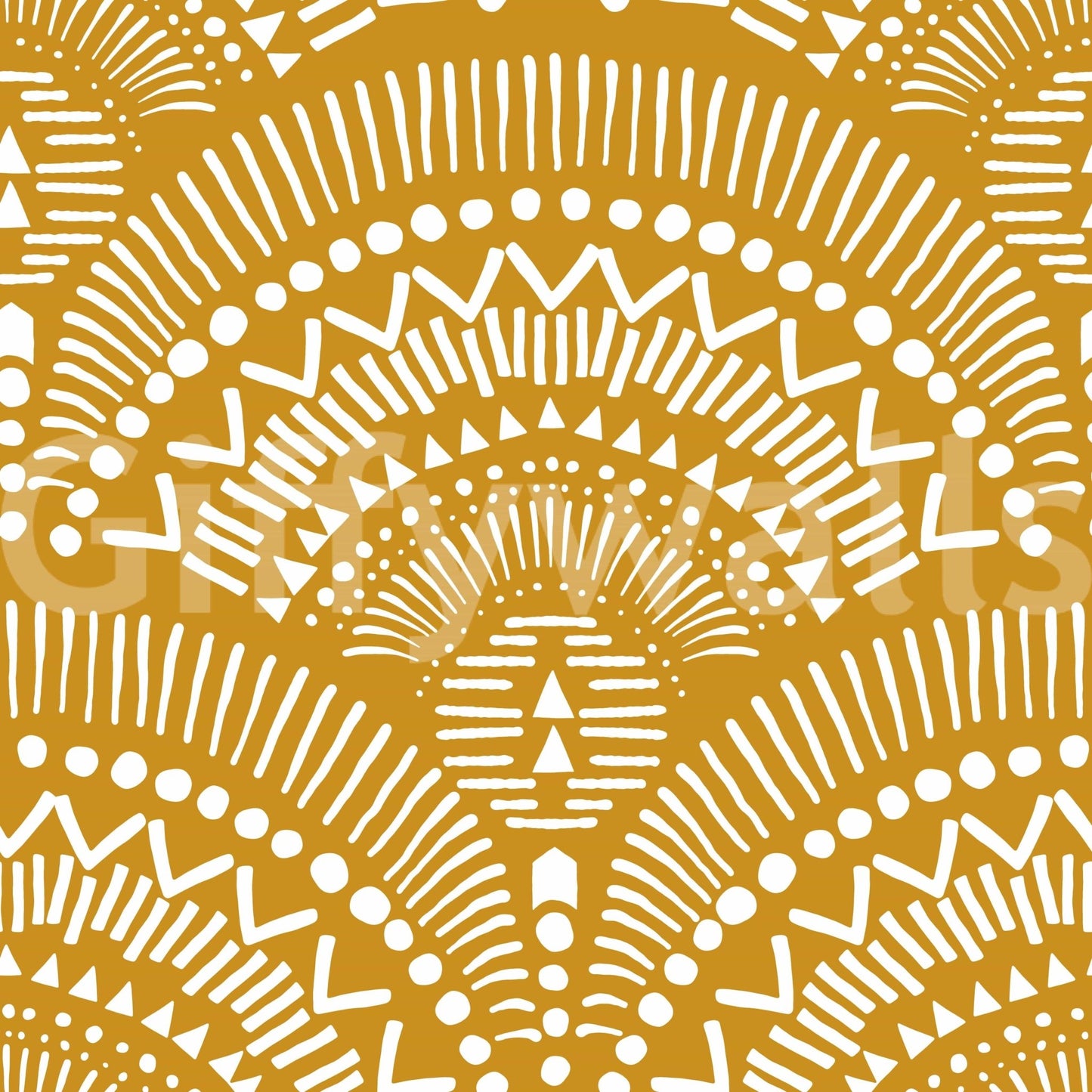 Ethnic Echoes wallpaper close-up showing white boho fan and dot motifs on a mustard yellow background