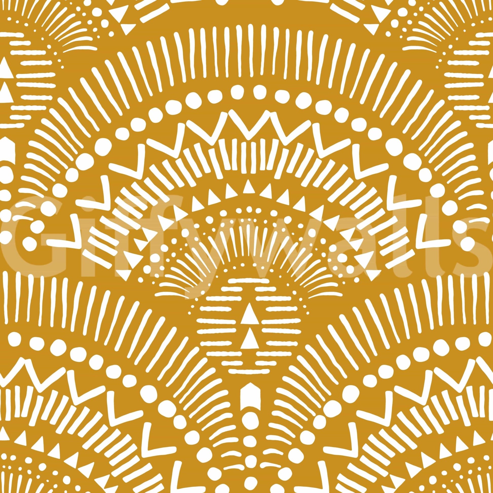 Ethnic Echoes wallpaper close-up showing white boho fan and dot motifs on a mustard yellow background