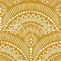Ethnic Echoes wallpaper close-up showing white boho fan and dot motifs on a mustard yellow background