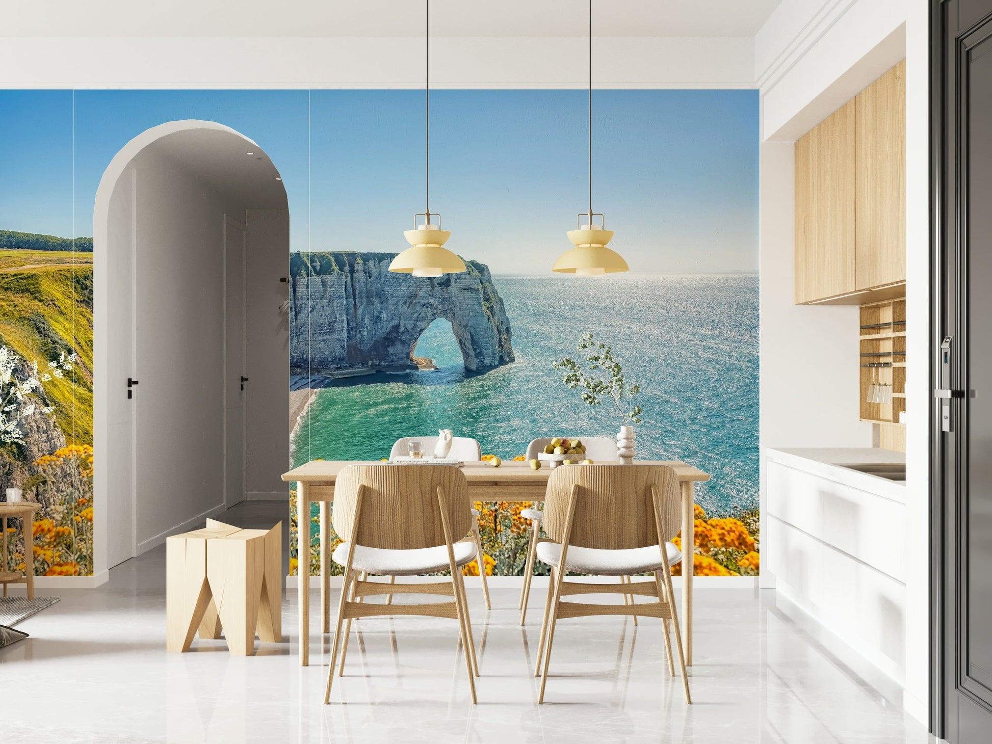 Etretat’s yellow bloom mural showing cliffs and water, green color highlights with sea wallpaper mood