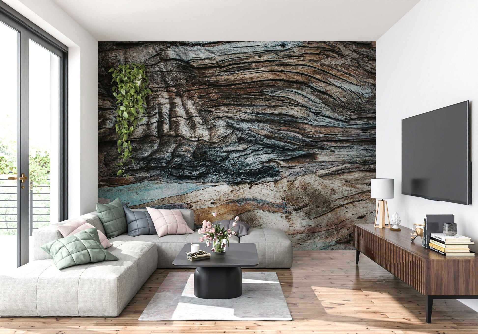 Eucalyptus Bark Texture wallpaper mural blending layered textures and warm neutral tones for stylish interiors.