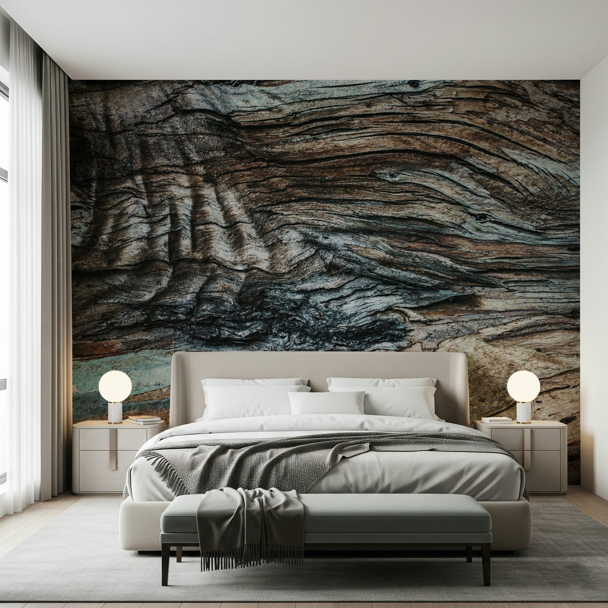 Eucalyptus bark texture wallpaper mural in neutral earthy hues for cozy and natural interior accents.