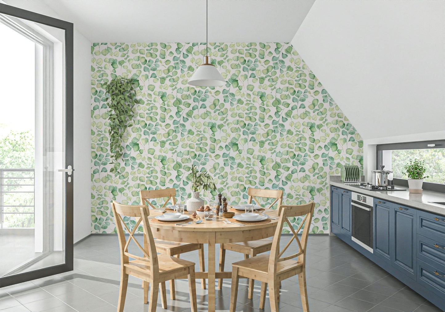 Close up of the detailed eucalyptus leaves and garden stems on wall decor.