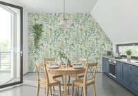 Close up of the detailed eucalyptus leaves and garden stems on wall decor.
