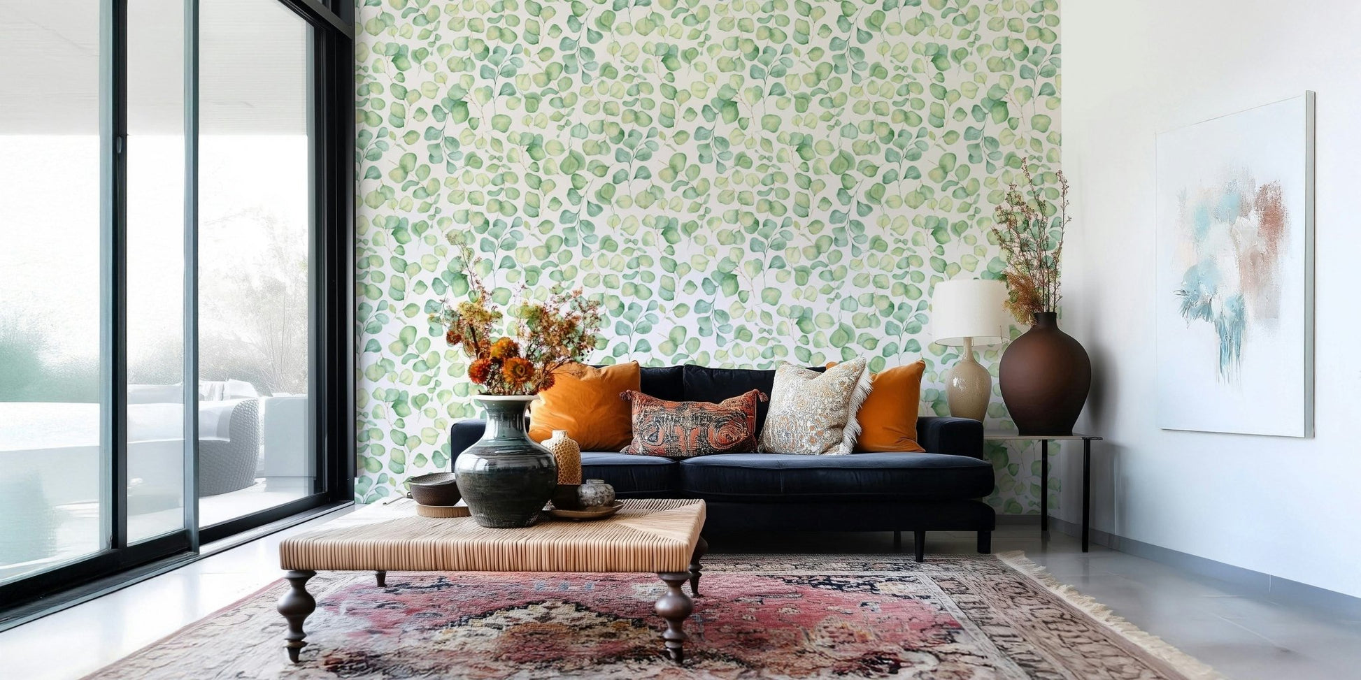 Large scale botanical wallpaper in a bright kitchen area with modern cabinetry.