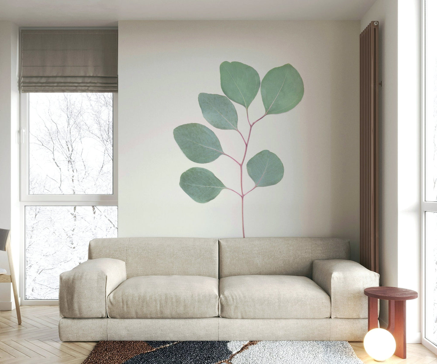 Soothing green eucalyptus leaves on mural wallpaper.

