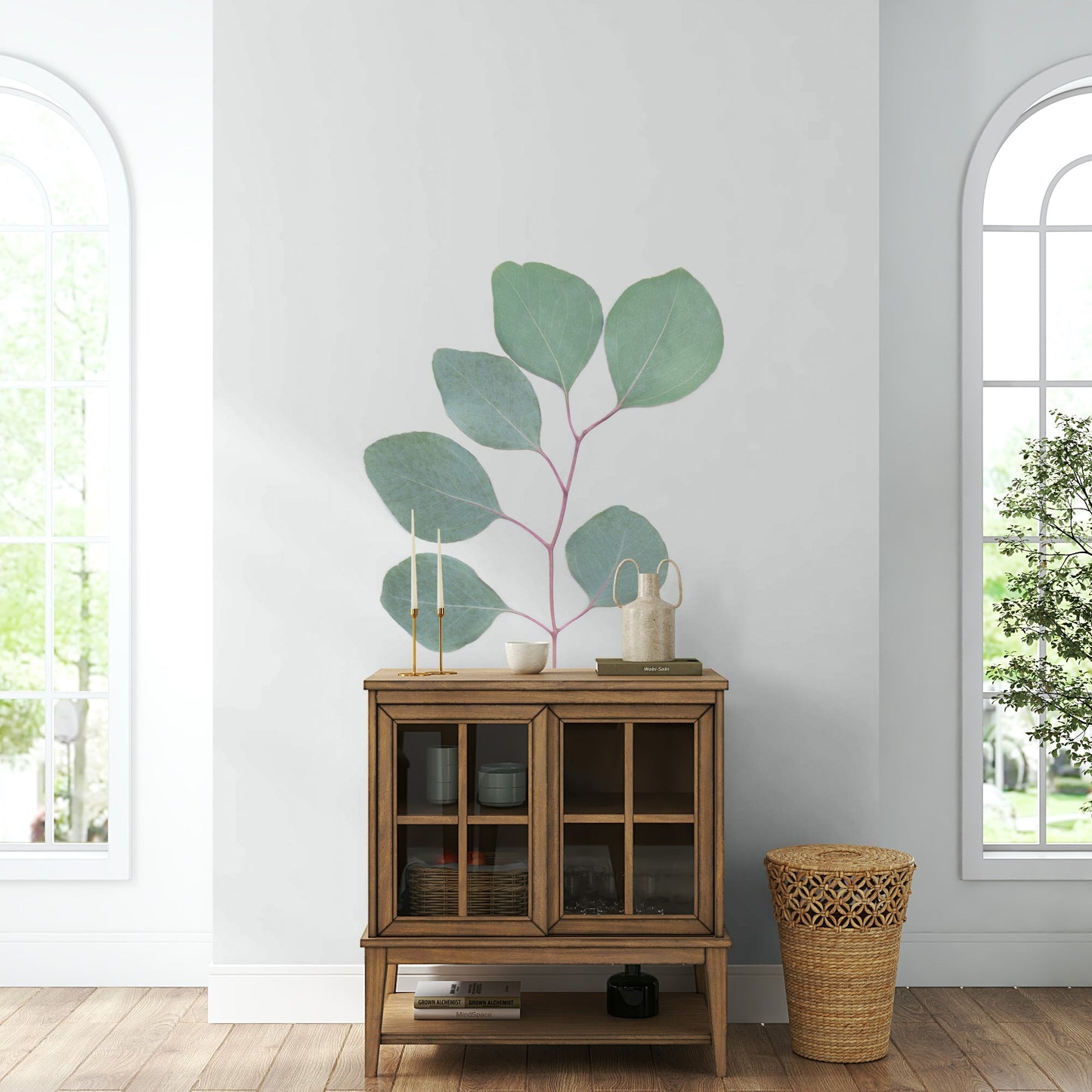 Nature-inspired eucalyptus design on wall mural for decor.

