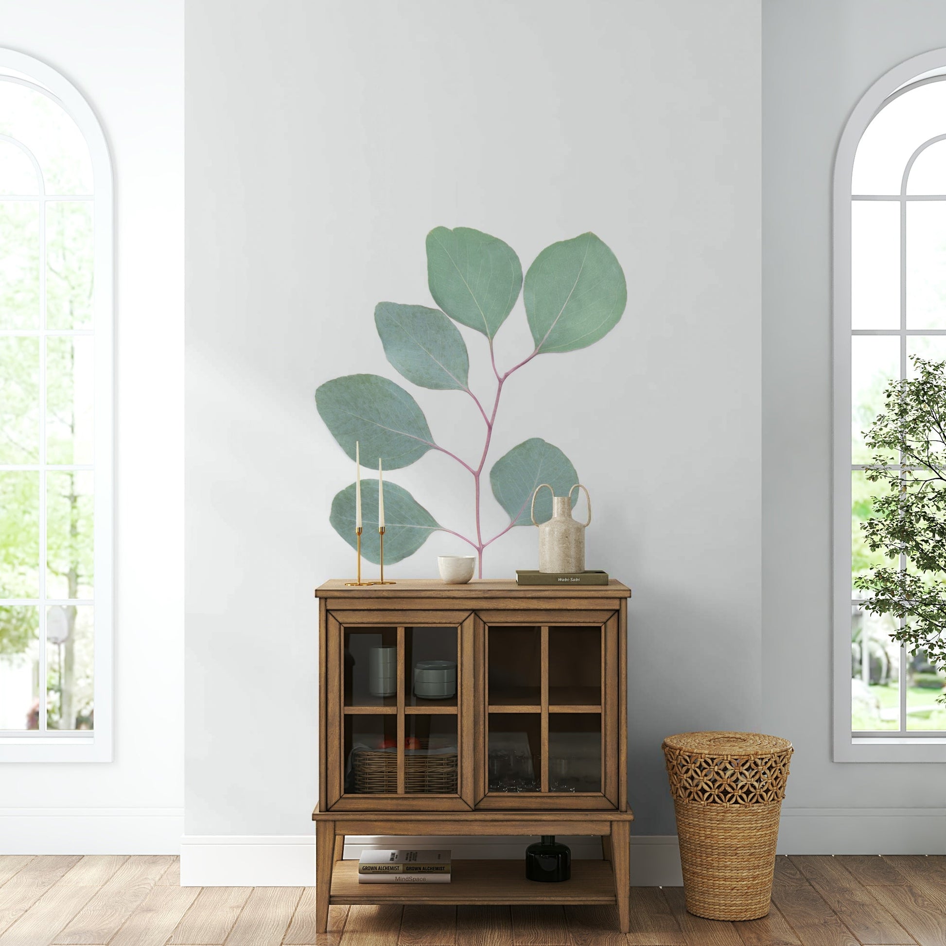 Nature-inspired eucalyptus design on wall mural for decor.

