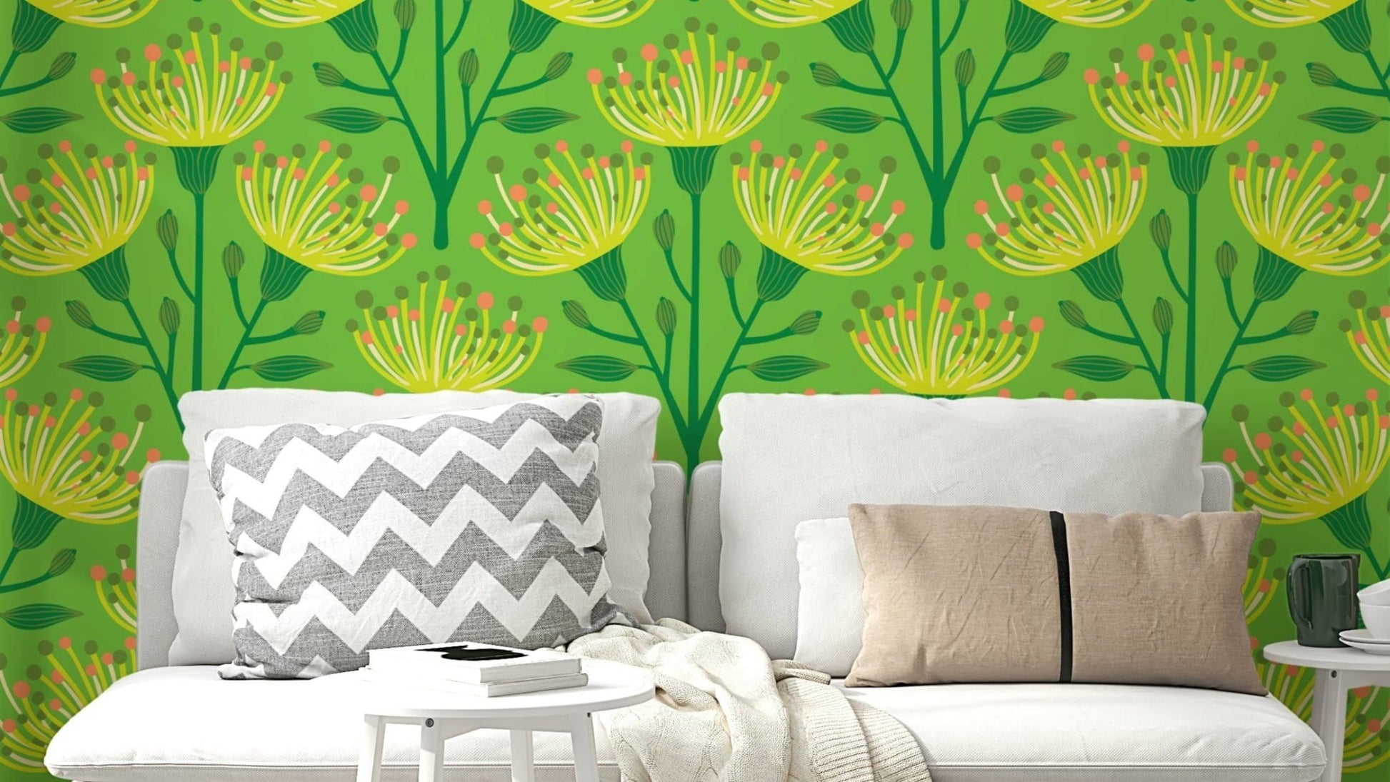 A wall mural of a floral botanical pattern.

