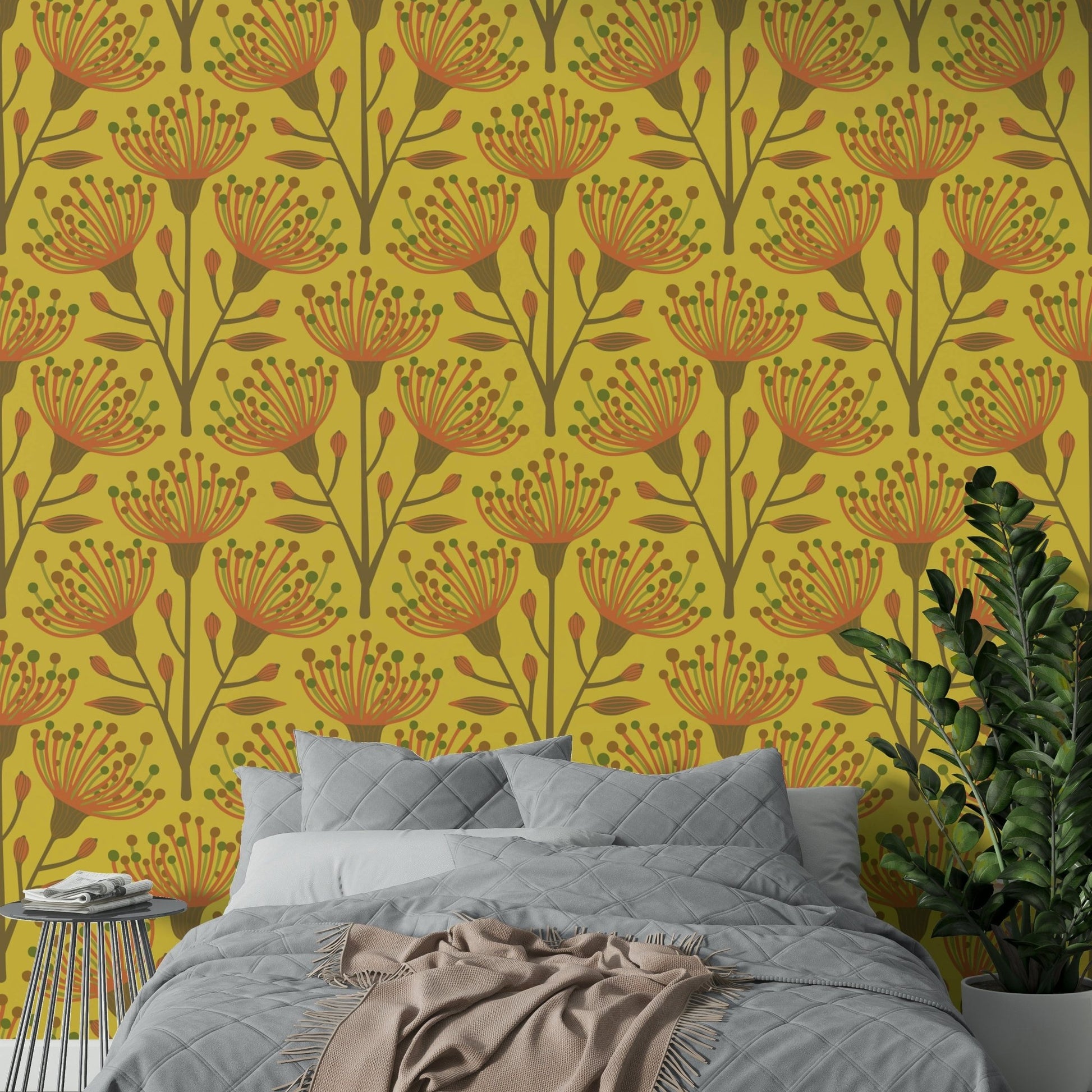 The eucalyptus and floral shapes are a central focus of the image.

