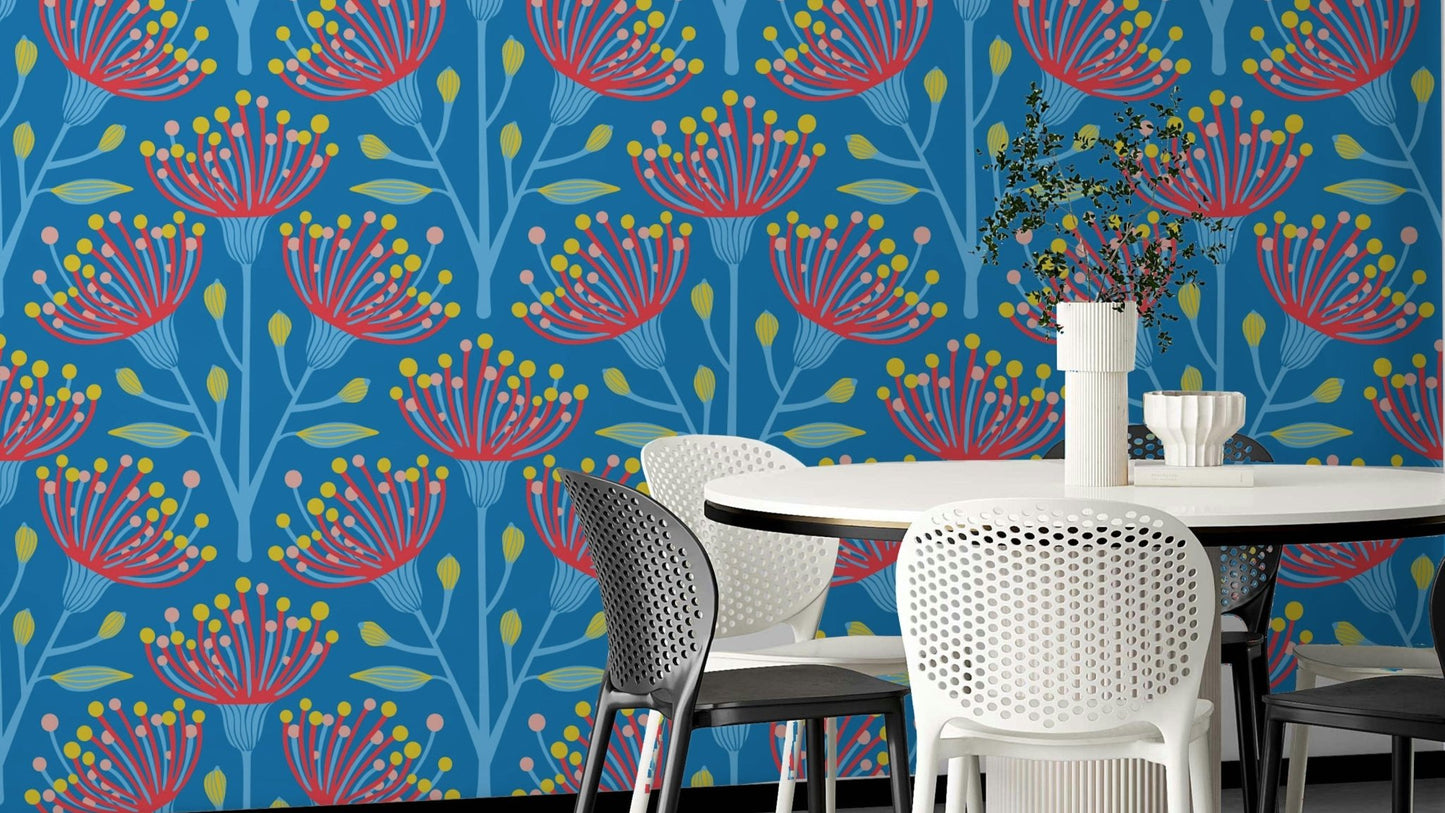 Eucalyptus Floral Botanical Icy Blue Red Yellow Pink on Bright Blue Wallpaper⁠