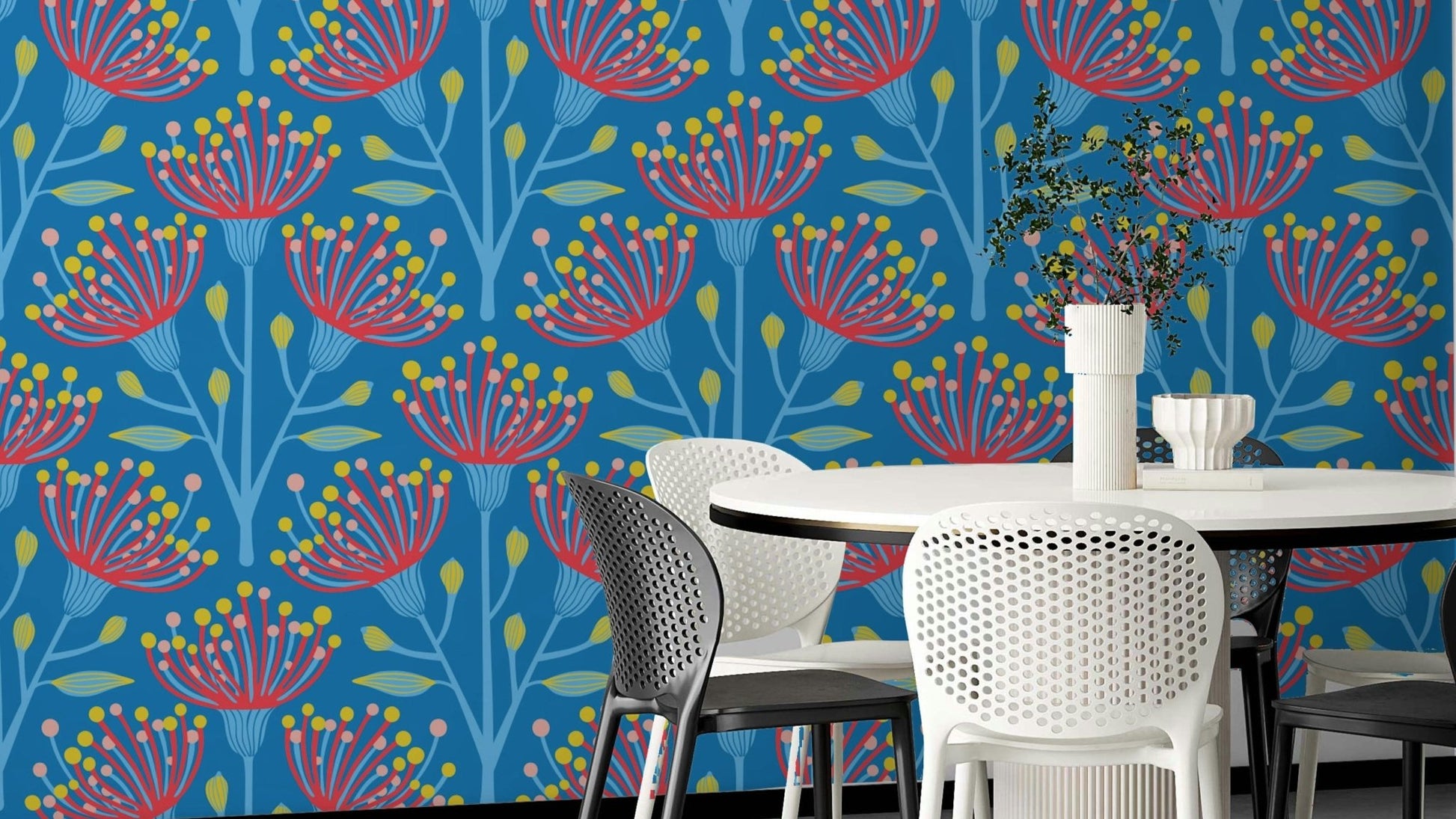 Eucalyptus Floral Botanical Icy Blue Red Yellow Pink on Bright Blue Wallpaper⁠