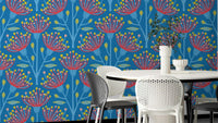 Eucalyptus Floral Botanical Icy Blue Red Yellow Pink on Bright Blue Wallpaper⁠