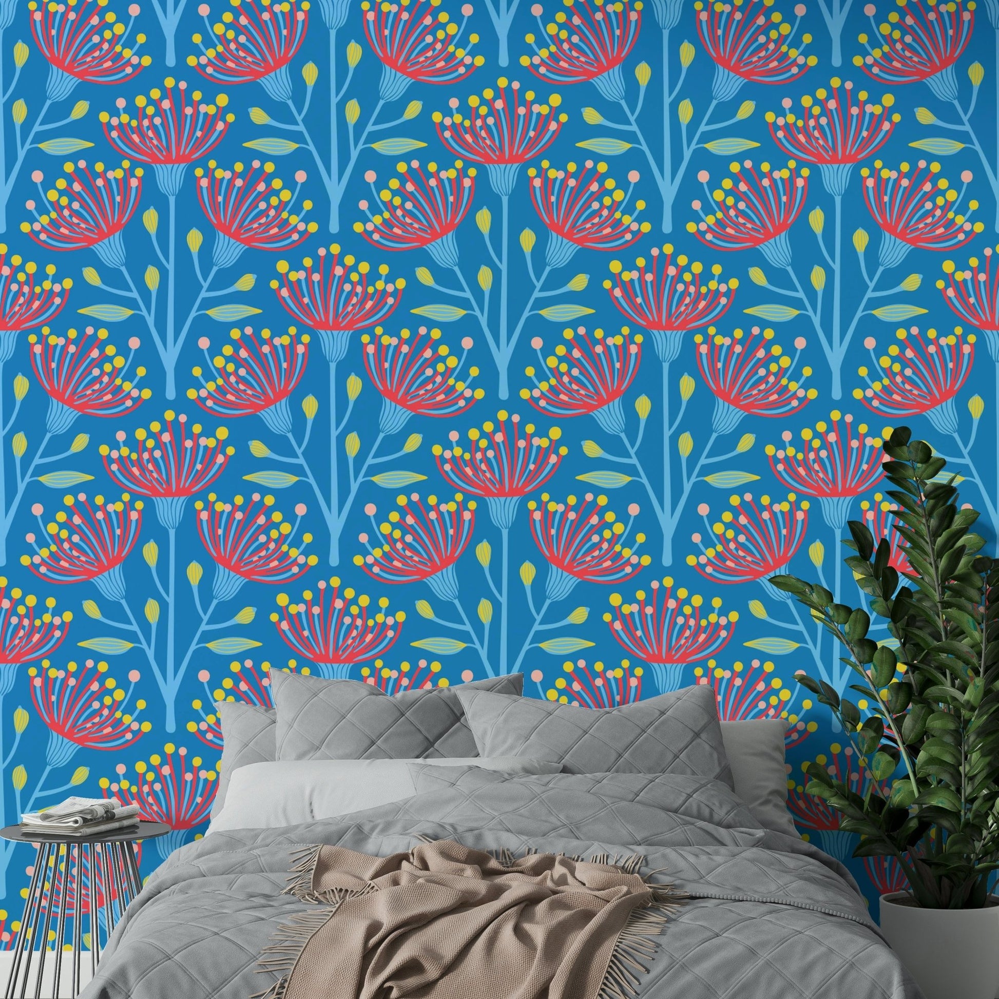 Eucalyptus Floral Botanical Icy Blue Red Yellow Pink on Bright Blue Wallpaper⁠