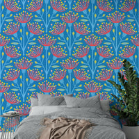 Eucalyptus Floral Botanical Icy Blue Red Yellow Pink on Bright Blue Wallpaper⁠