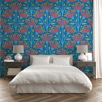 Eucalyptus Floral Botanical Icy Blue Red Yellow Pink on Bright Blue Wallpaper⁠