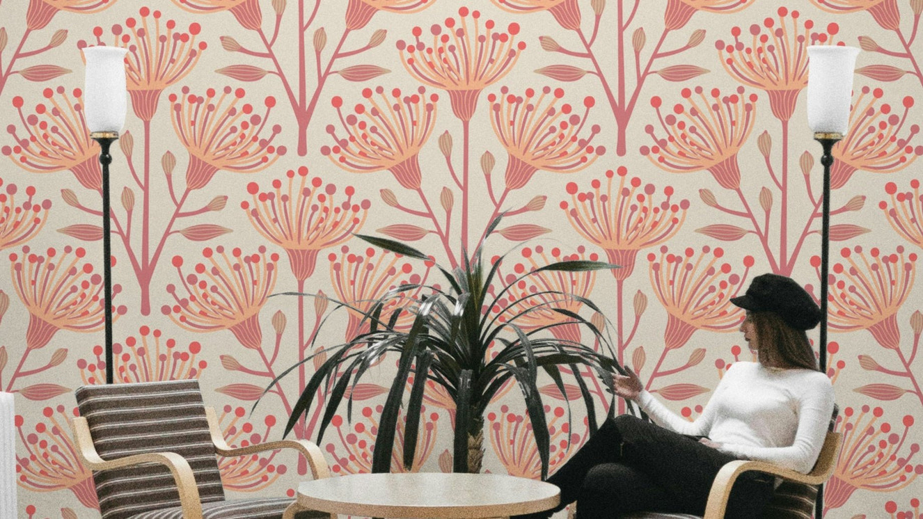 Cream and orange botanical wallpaper
