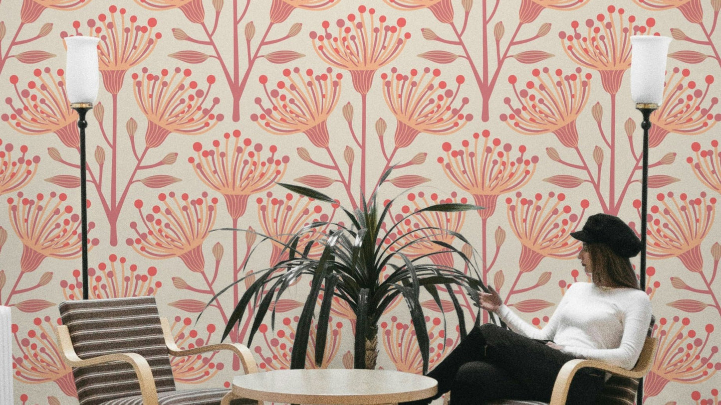 Cream and orange botanical wallpaper
