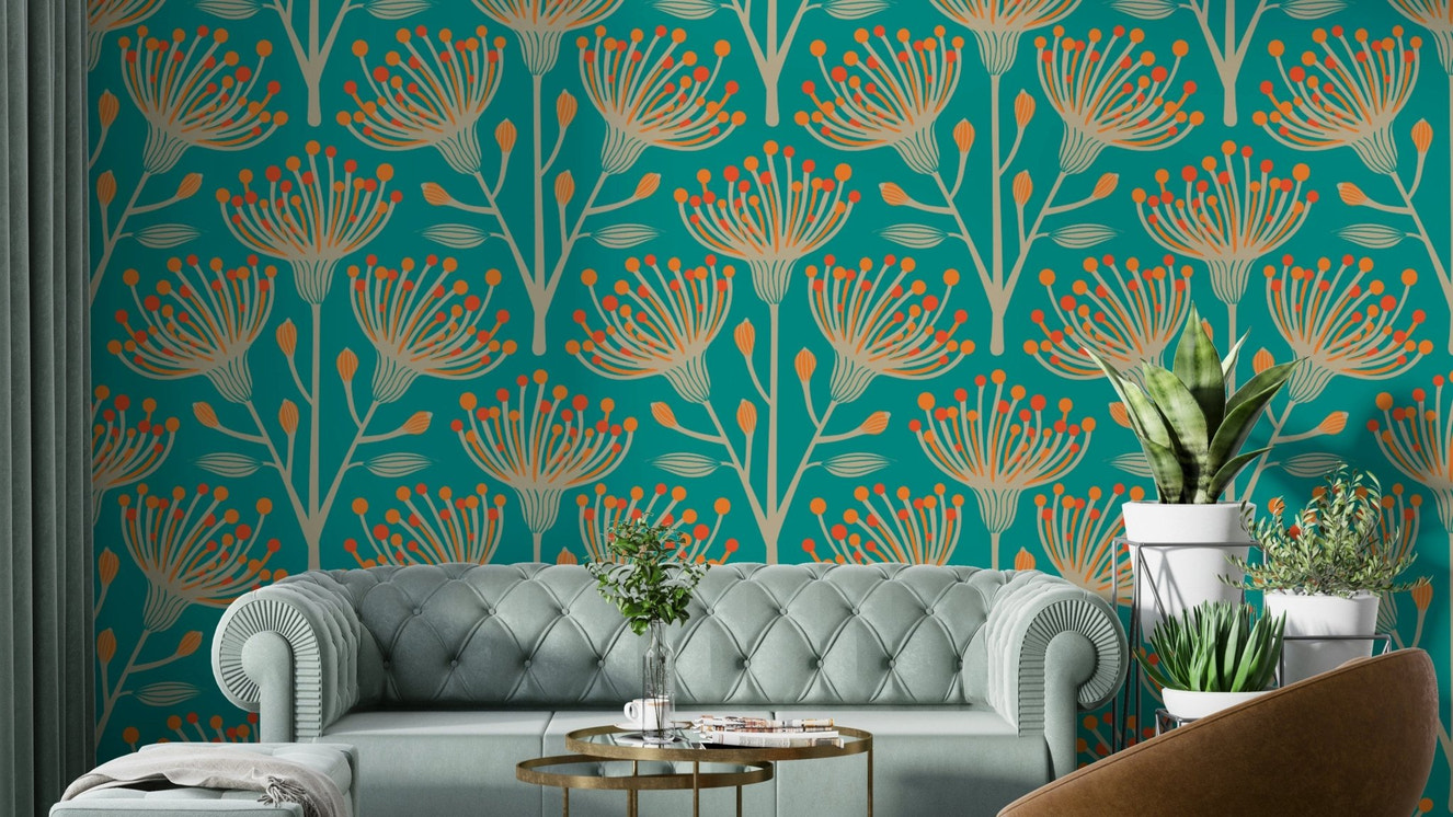 The image shows a peaceful, natural scene with a eucalyptus and floral pattern.

