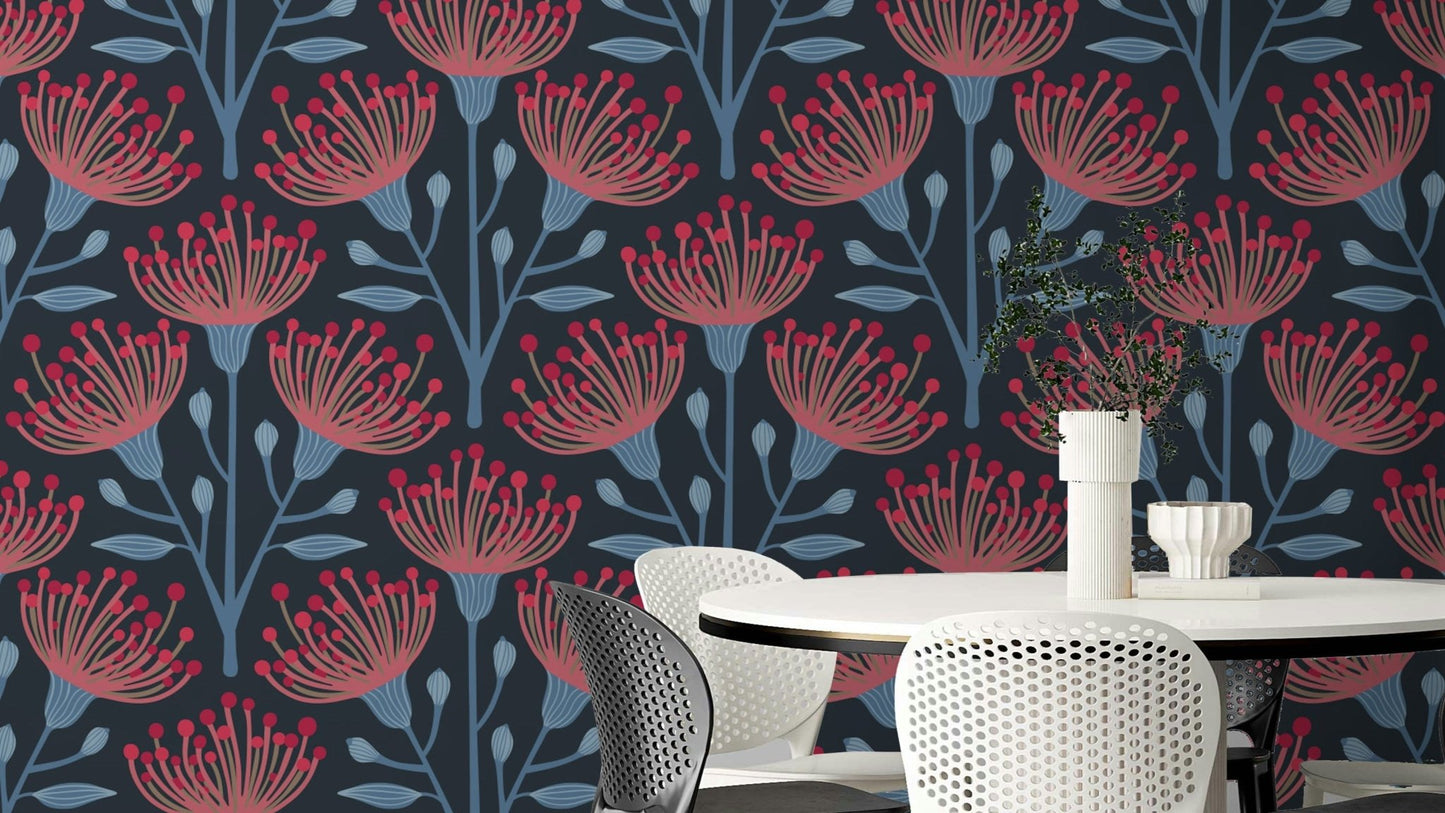 A wall mural of a floral botanical pattern.

