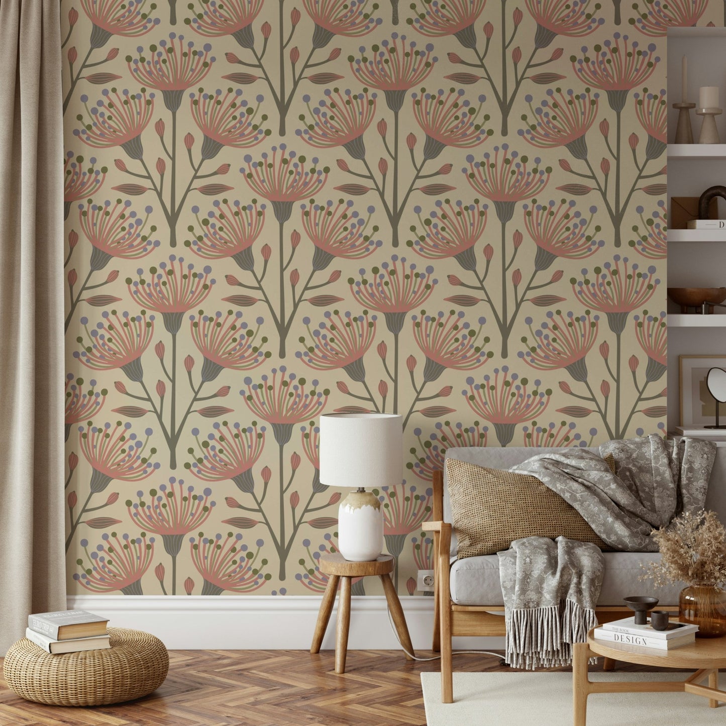 Botanical mural with soft leaf design
