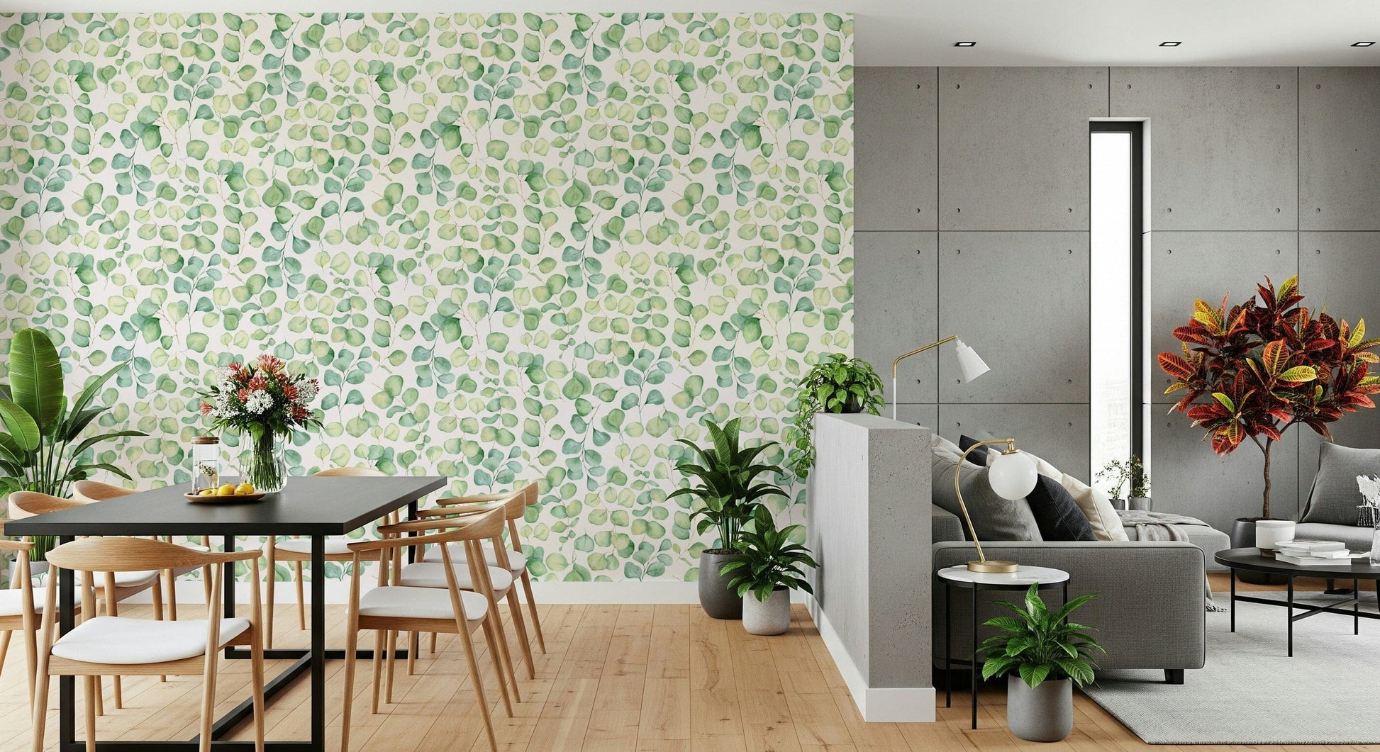 Interior design mockup of a studio apartment with large scale botanical wall art.
