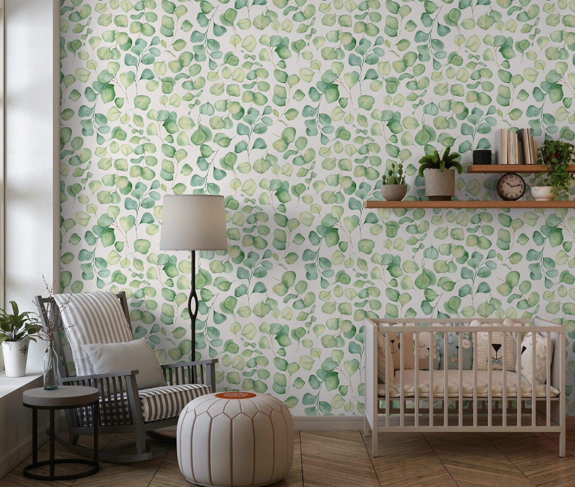 Eucalyptus Dream Garden Wallpaper in a bright living room with modern wood furniture.