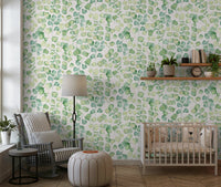 Eucalyptus Dream Garden Wallpaper in a bright living room with modern wood furniture.