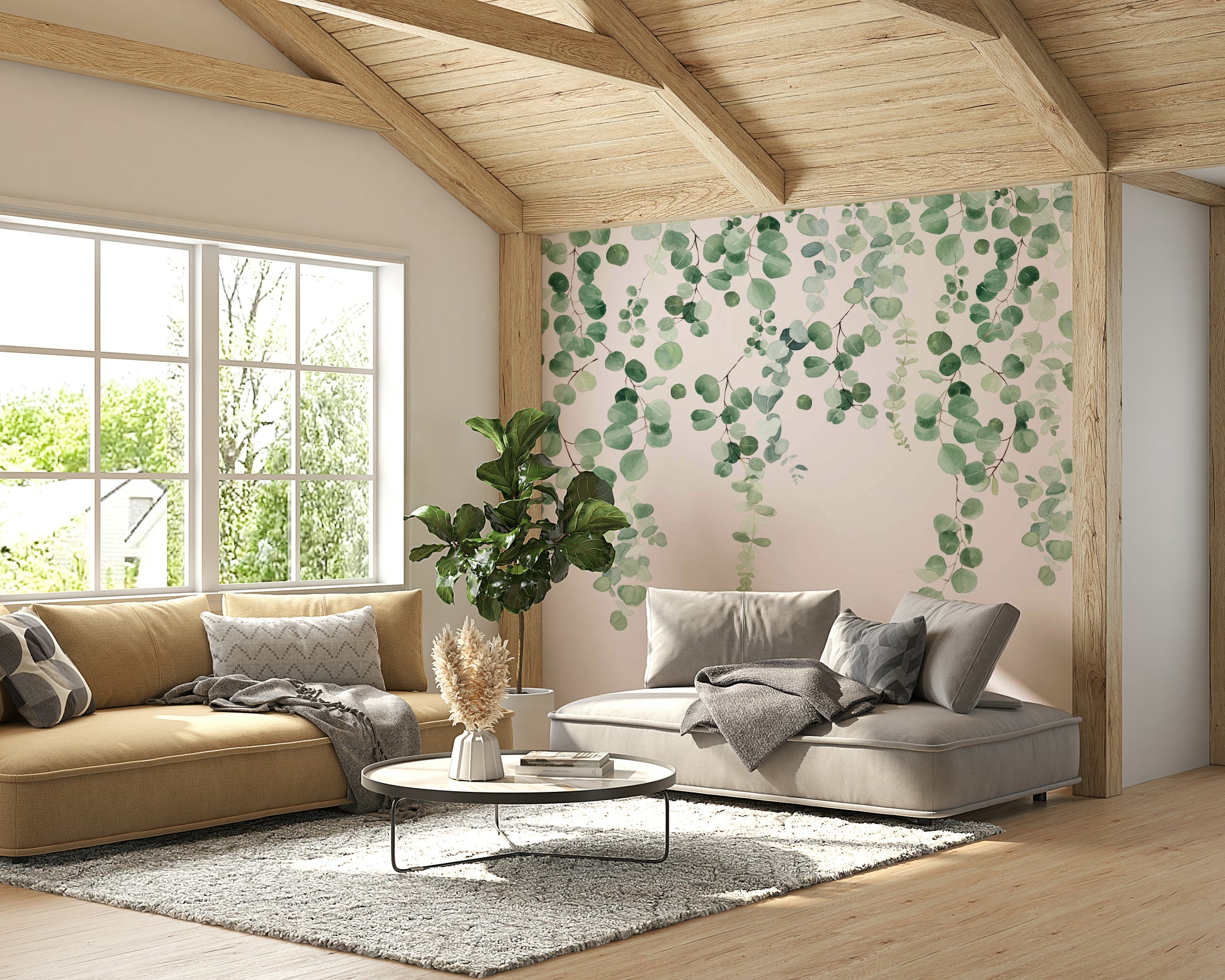 Calming eucalyptus wall mural with pastel shades

