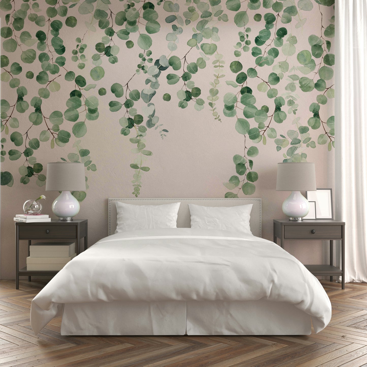 Watercolor-style eucalyptus mural in soft hues

