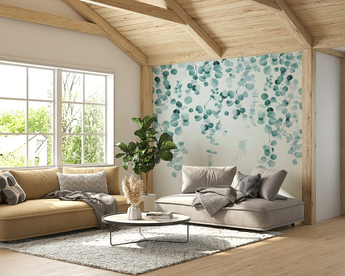 Elegant teal eucalyptus leaves on wall mural

