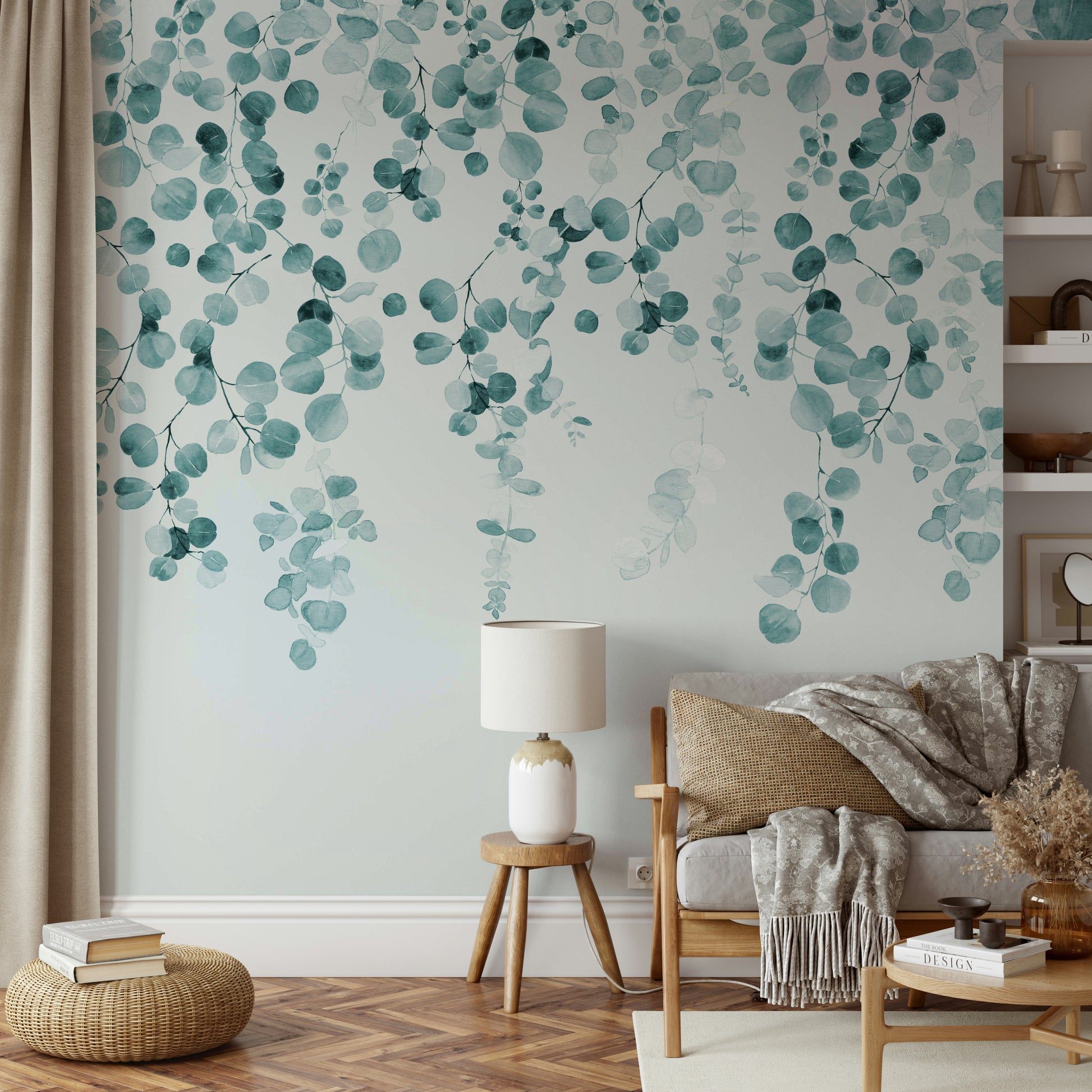 Serene eucalyptus mural in calming teal tones

