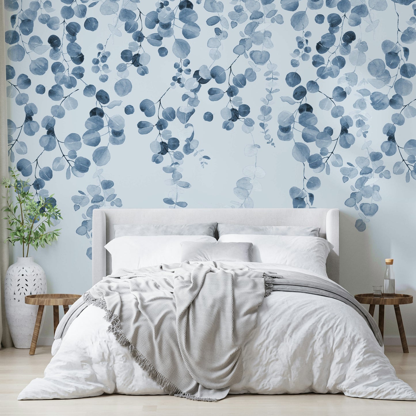Soft blue eucalyptus wall covering

