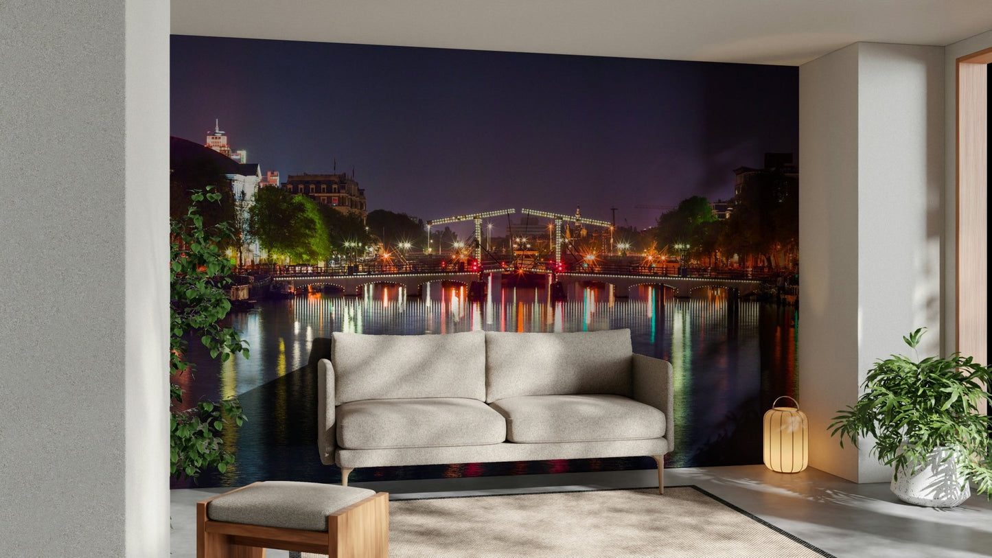 A close-up view shows the soft lines and details of the buildings and the water.

