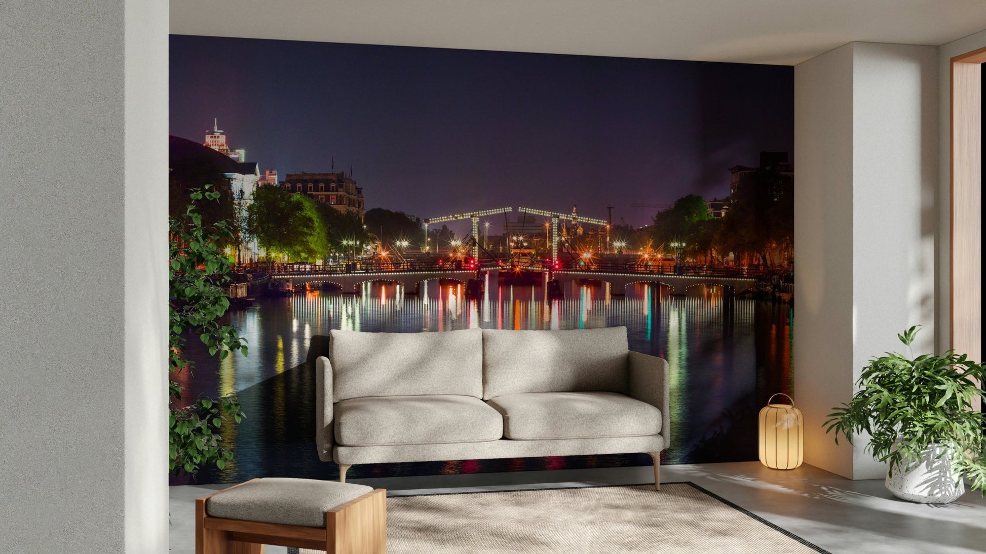 A close-up view shows the soft lines and details of the buildings and the water.

