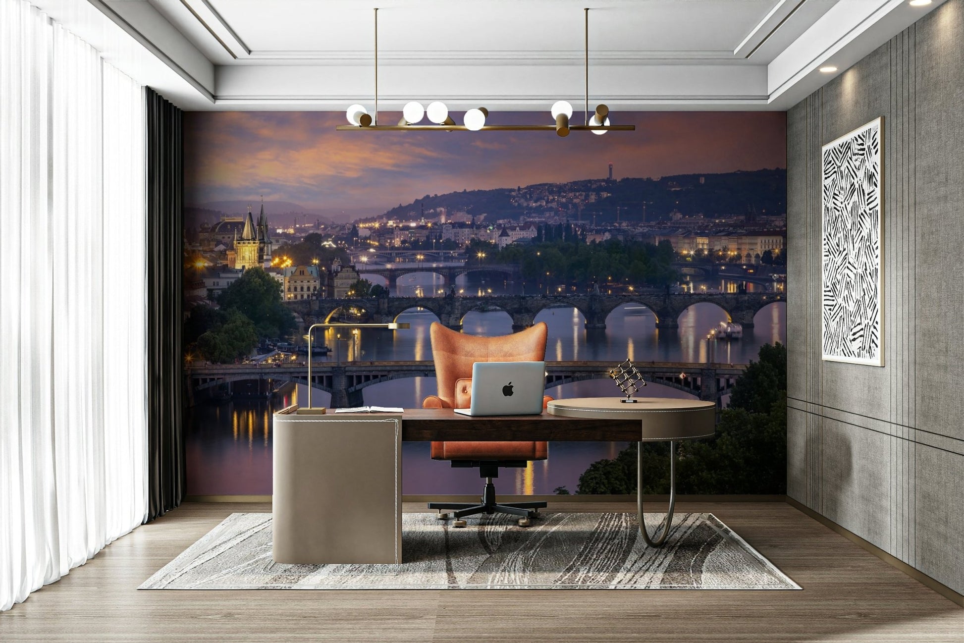 Prague cityscape wall mural with Vltava river bridges

