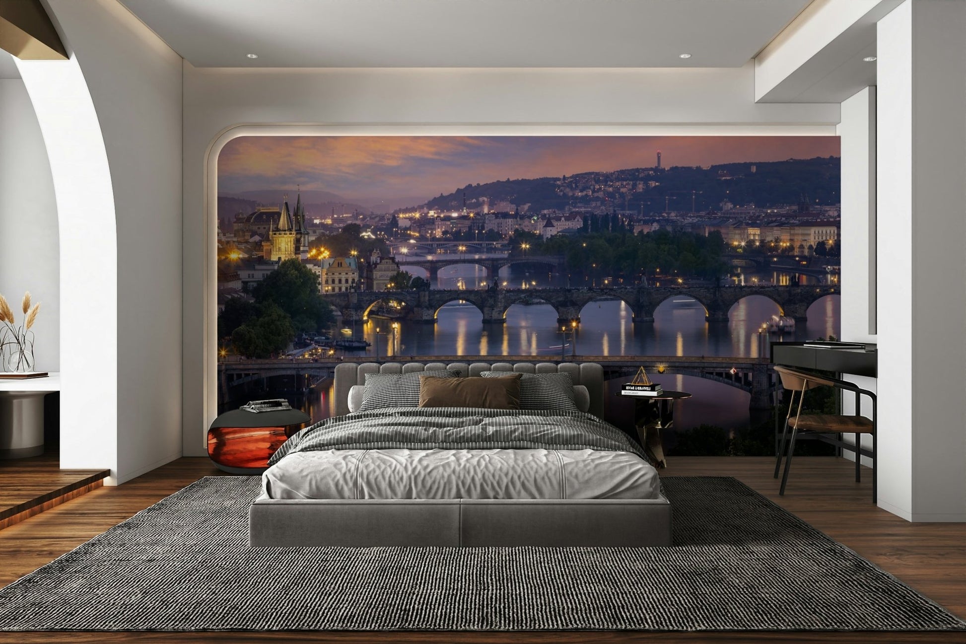 River Vltava and Prague skyline wall mural at sunset

