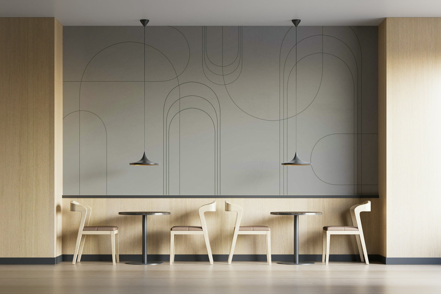 Elegant evergreen mural with curved arches

