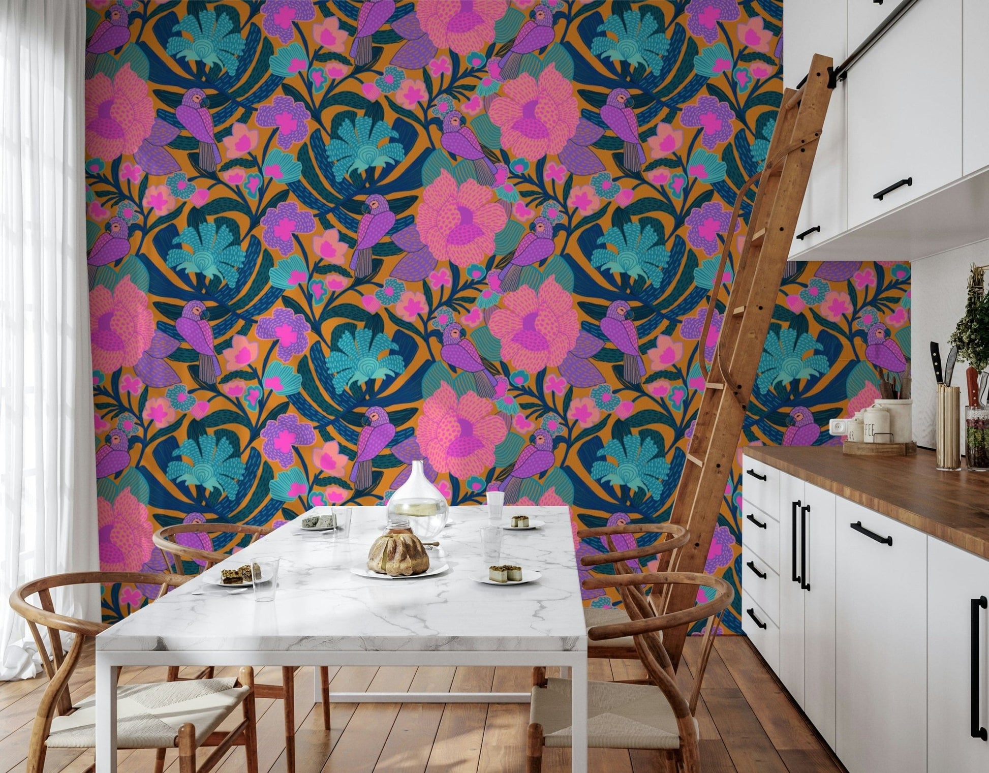 Exotic Bloom wallpaper in a kitchen dining nook with a white marble table, wishbone chairs and library ladder