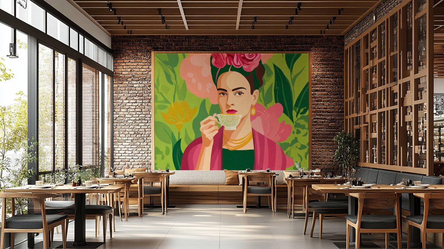 Exotic Botanical Mexican Beauty wallpaper mural of a flower-crowned woman sipping tea, framed on a brick wall in a restaurant