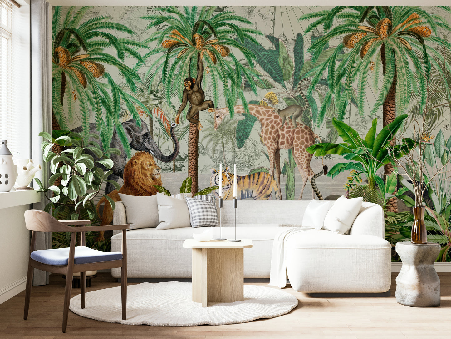 Vibrant mural wallpaper with plants and animals

