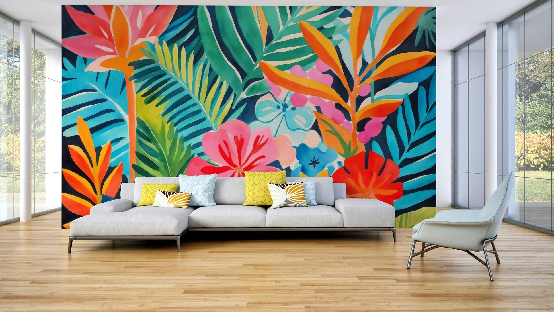 Small, colorful birds might be visible, adding to the lively feel.
