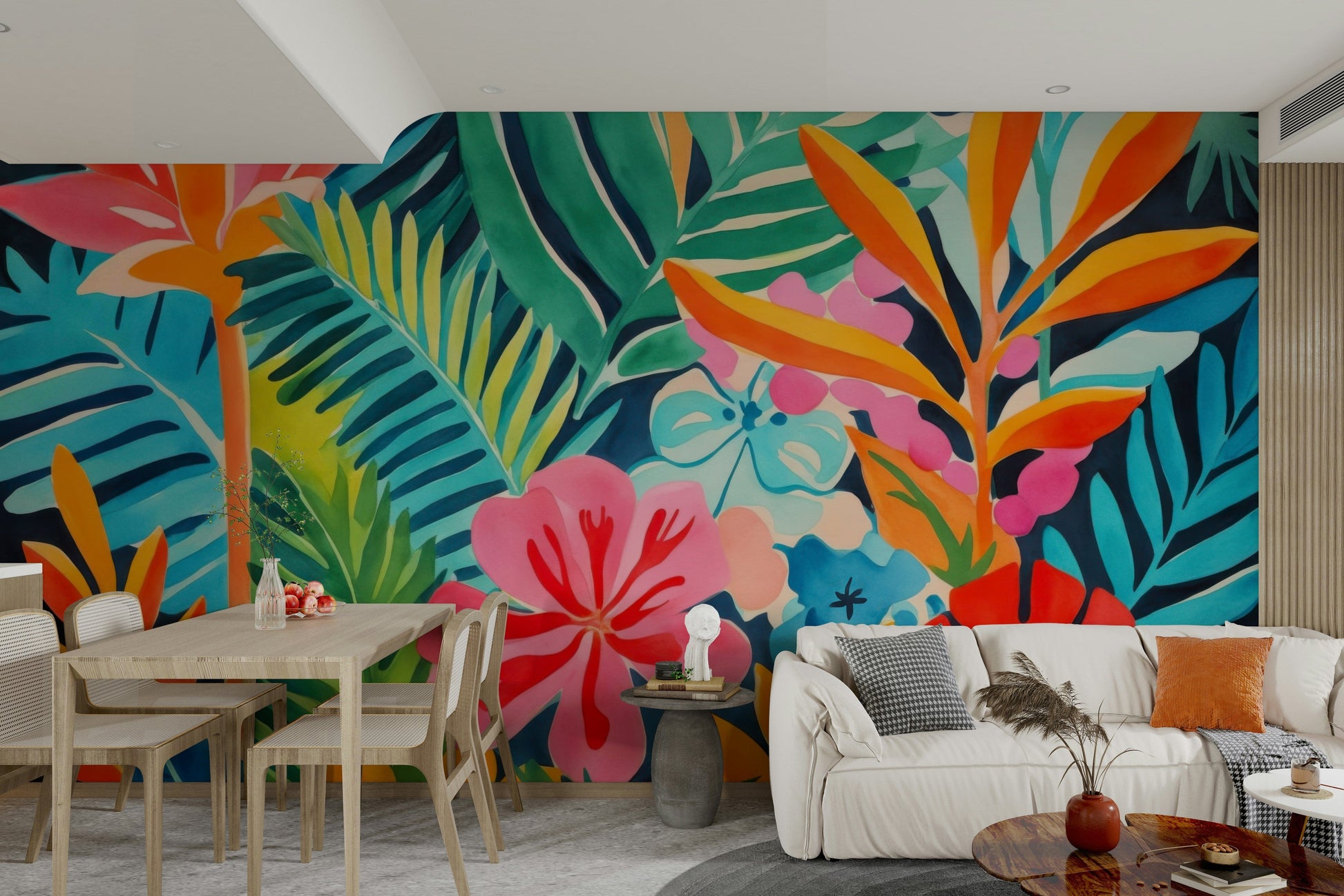 A wall mural depicting a dense and colorful tropical garden.
