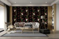 Vibrant tropical flowers under a starry night sky in wallpaper


