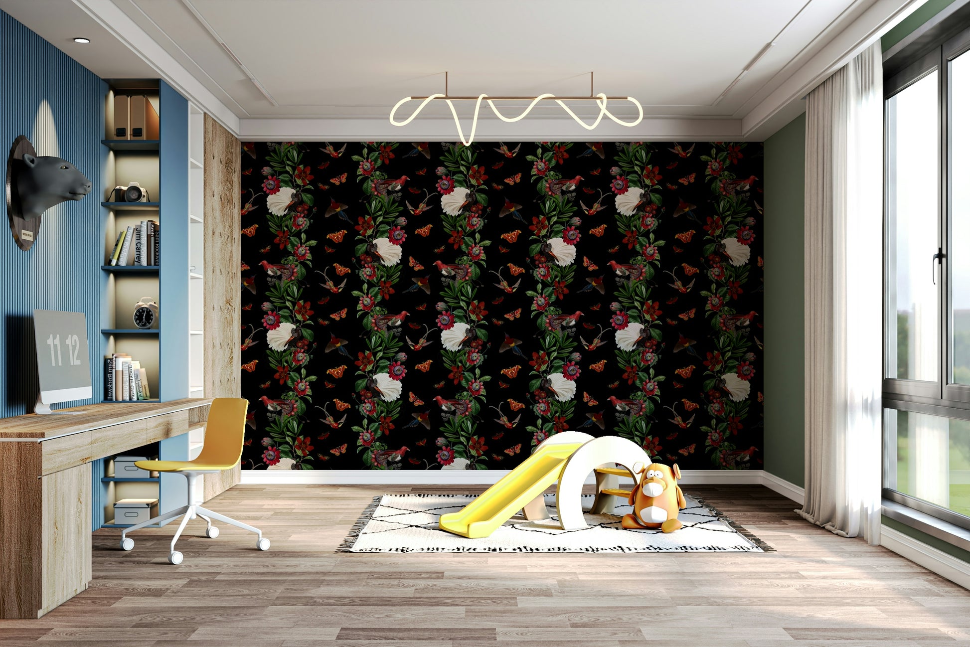 Tropical-inspired wallpaper featuring dark, moody colors and plants

